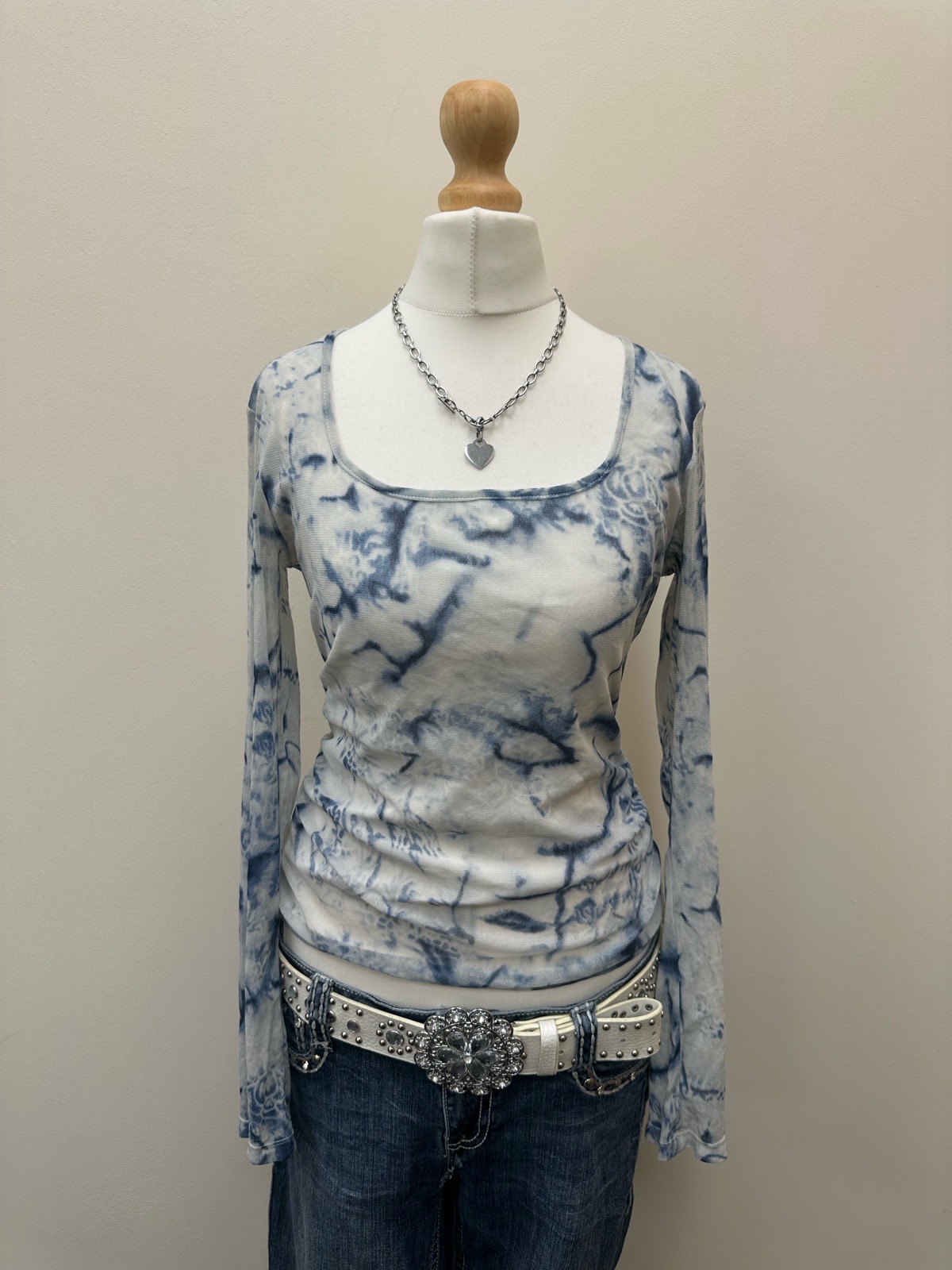 KappAhl Y2K Blue & White Fairy Mesh Long Sleeve Top Size 10-12 Ruched Fitted