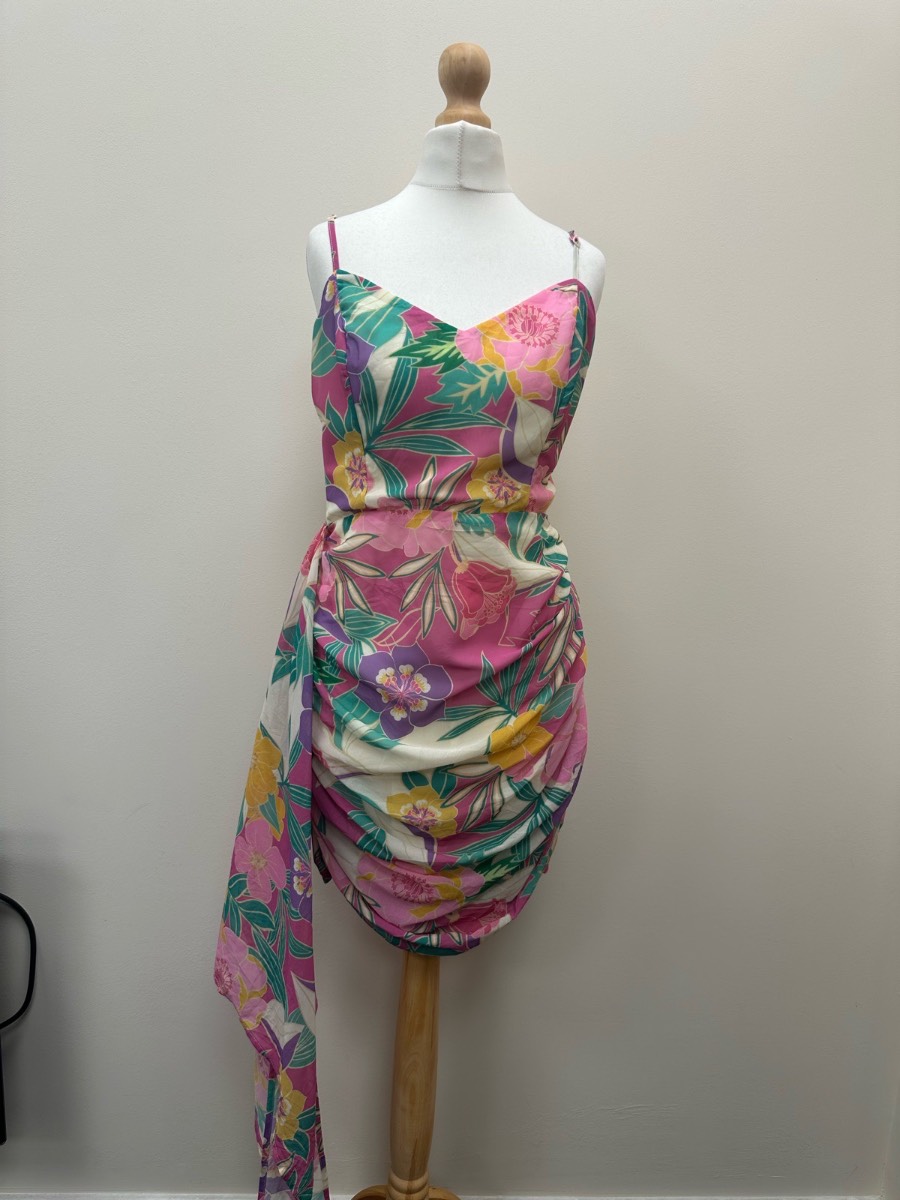 Hausen Floral Ruched Y2K Summer Mini Dress Pink Tropical Print Tie Detail Size Large (12-14)