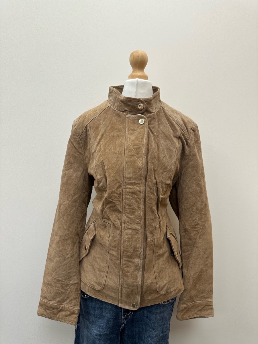 Vintage Y2K Tan Suede Leather Moto Jacket Real Leather UK 18 Fits 14-16