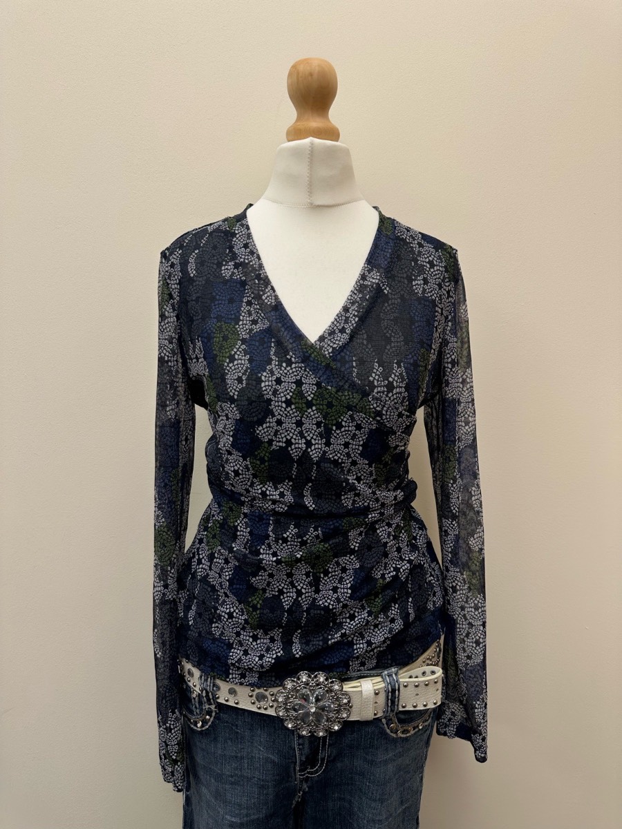 Tribal Y2K Mesh Floral Wrap Top Sheer Long Sleeve Size Small