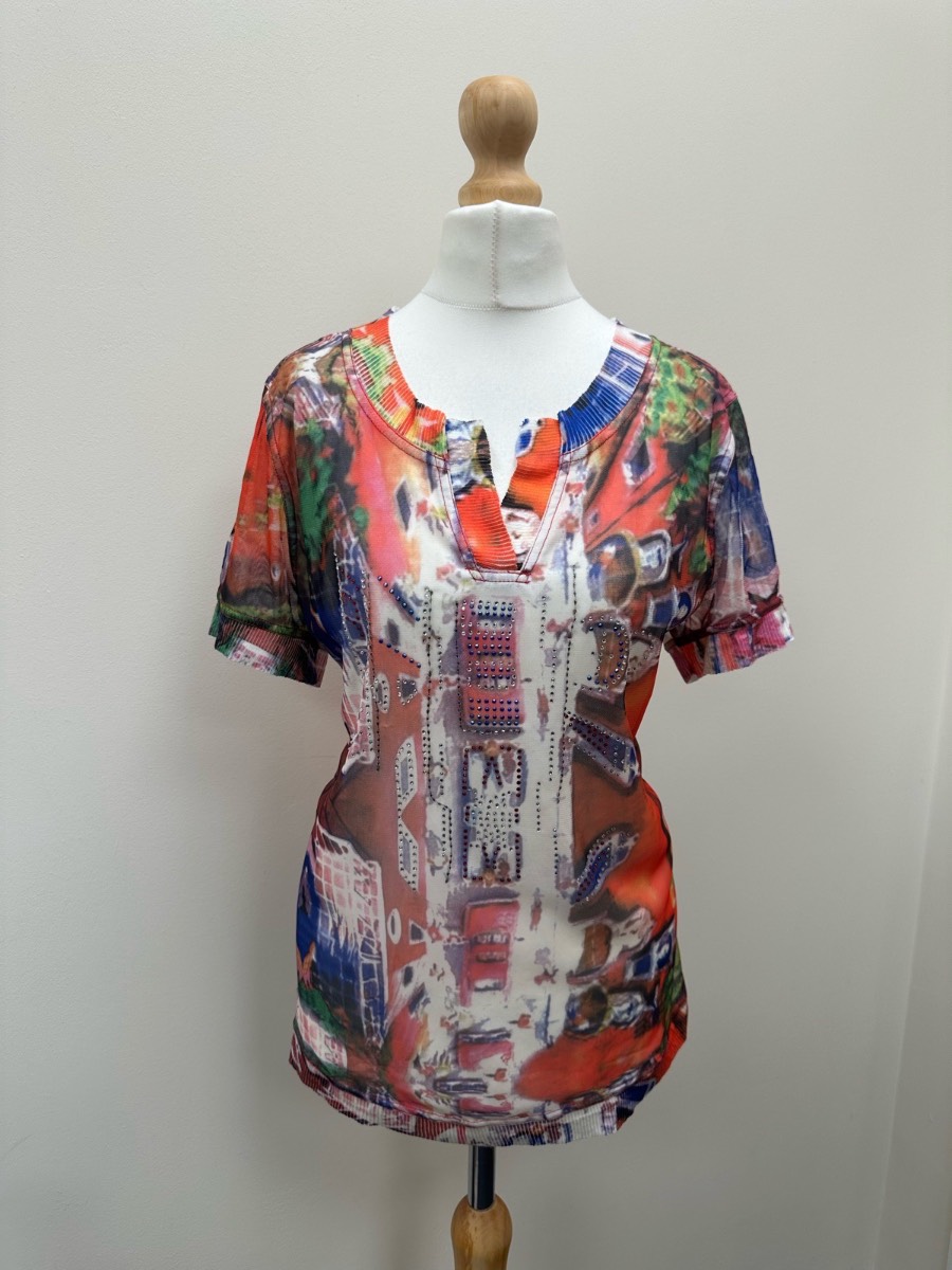 Viventy Bernd Berger Y2K Graphic Mesh Top XL Size 14 Rhinestone City Print Sheer Short Sleeve