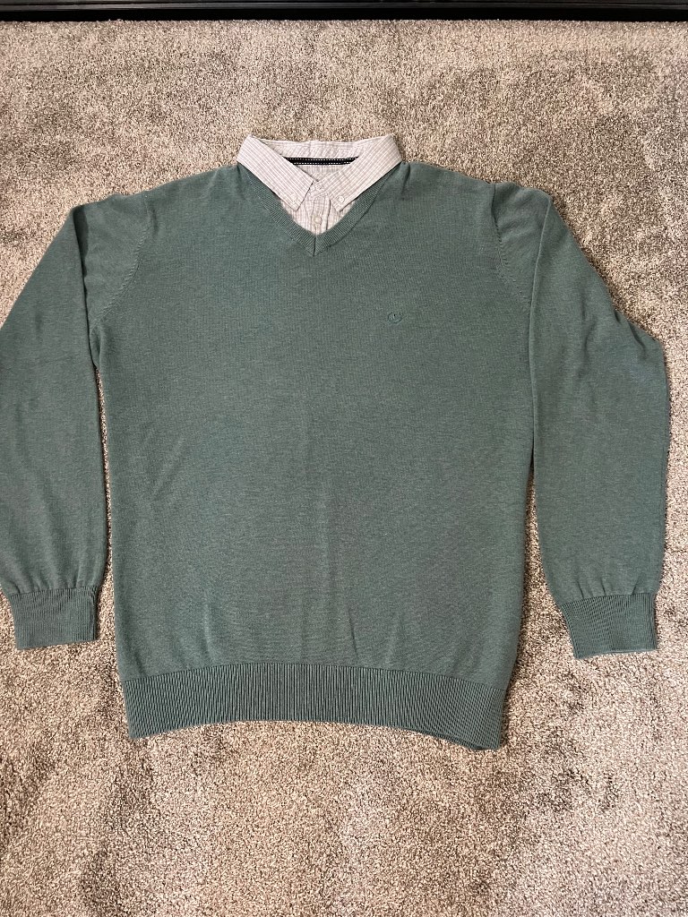 Men’s sage green sweater with shirt inset smart casual work wear