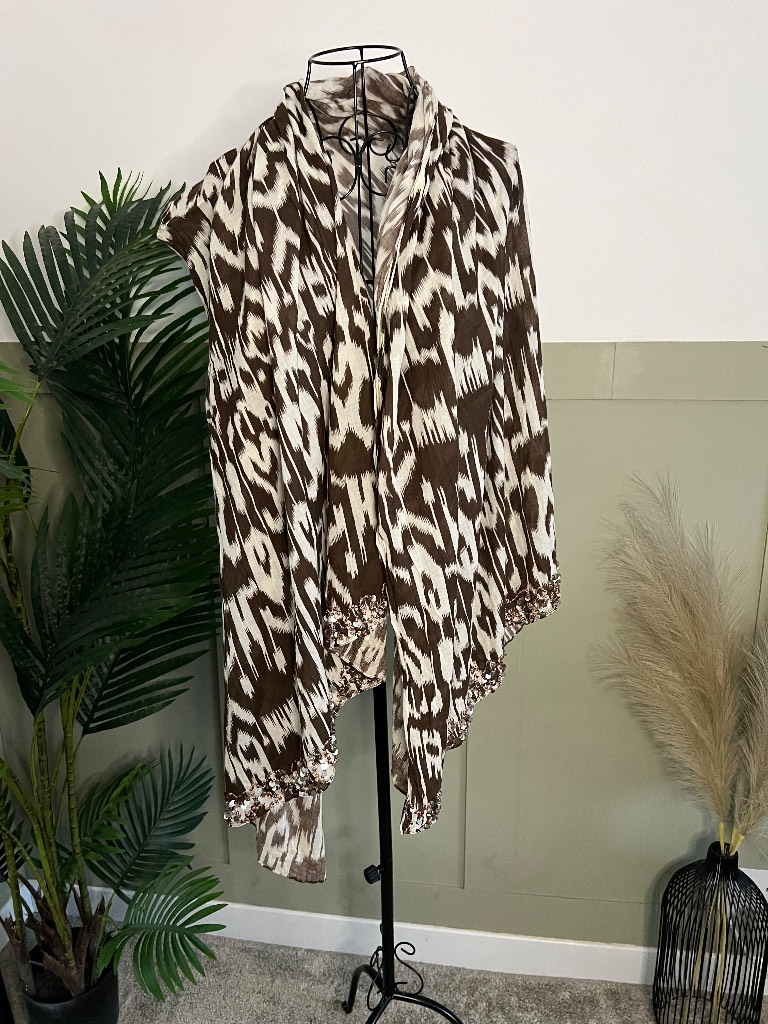 Beaded edges Beach wrap around cover up large shawl scarf cream/ brown