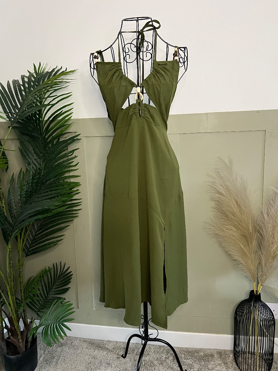 Khaki midi summer dress low back tie neck bead details summer holiday party