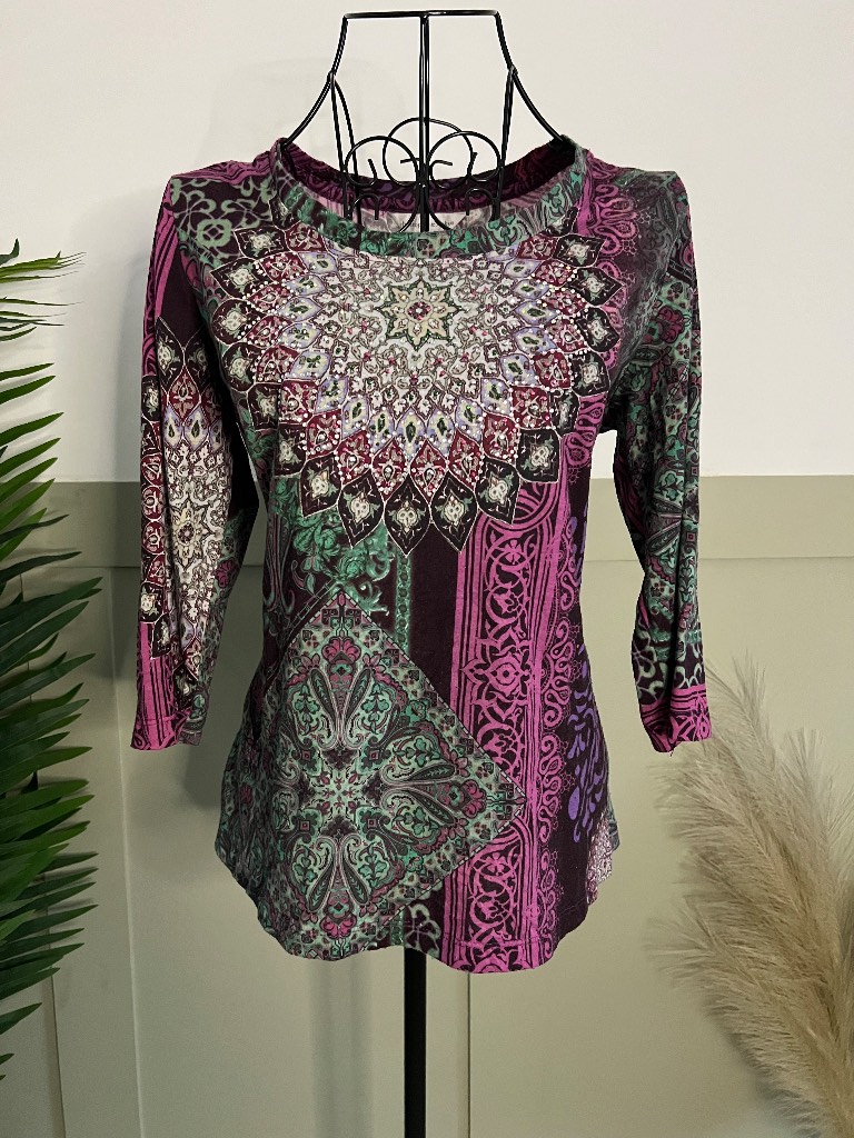 Unique statement piece long sleeve abstract pattern coloured diamonte bodice design