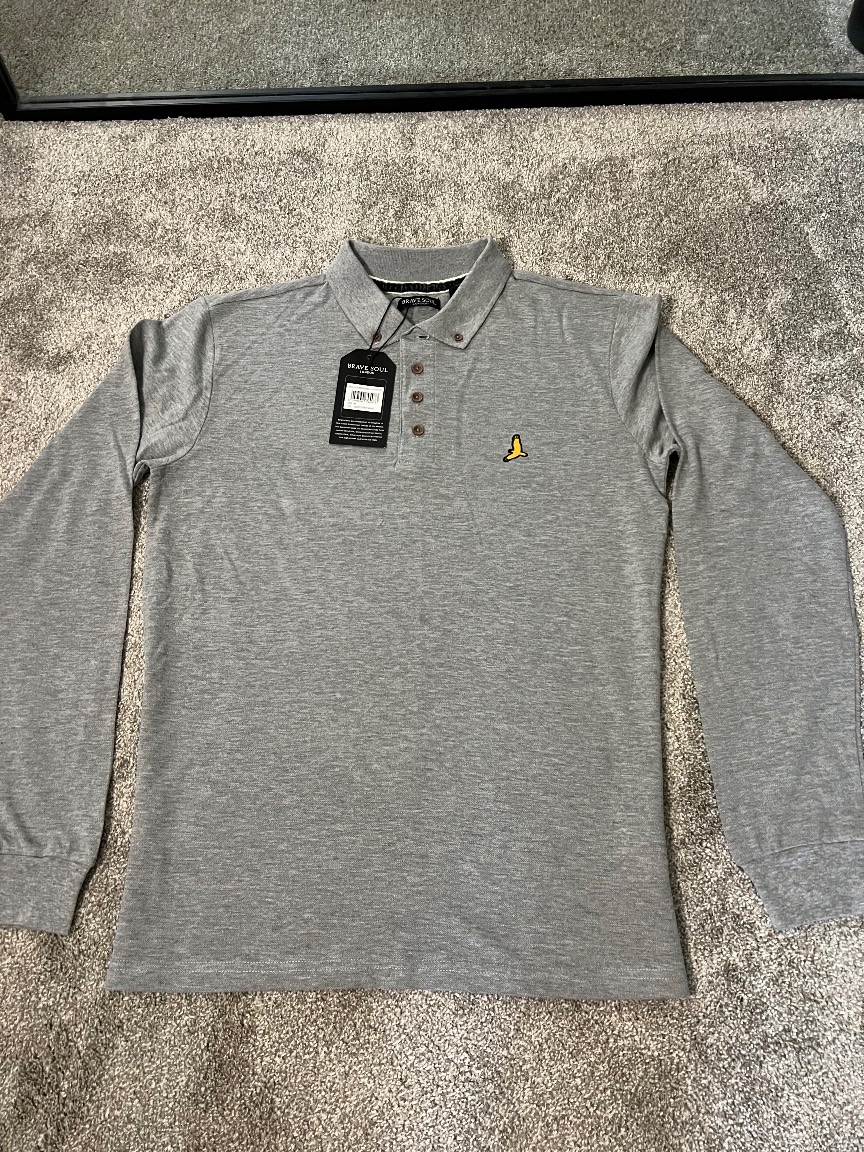 Brave Soul long sleeve grey polo shirt size M classic casual smart wear