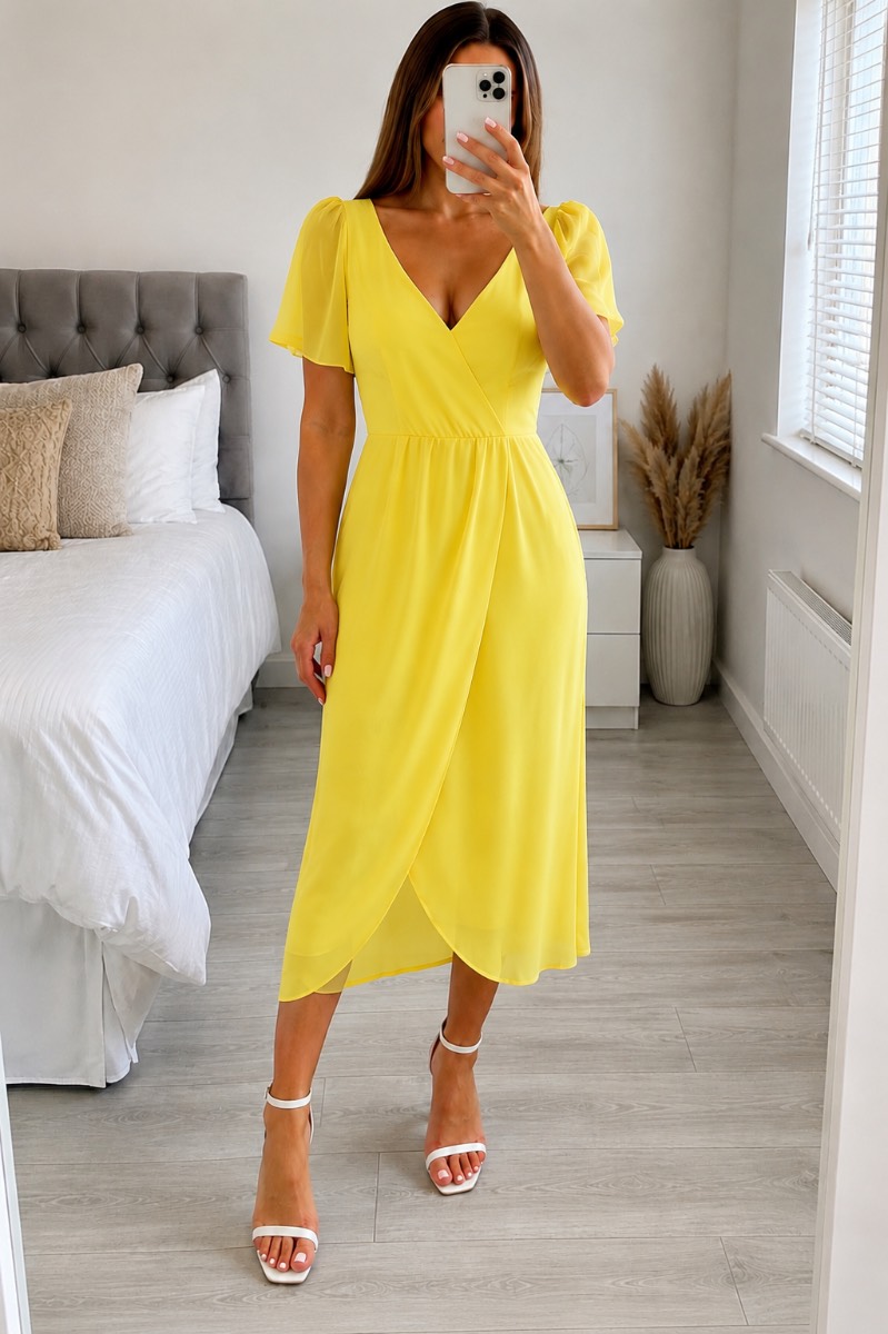 TFNC London Lemon Yellow Wrap Midi Dress UK 12