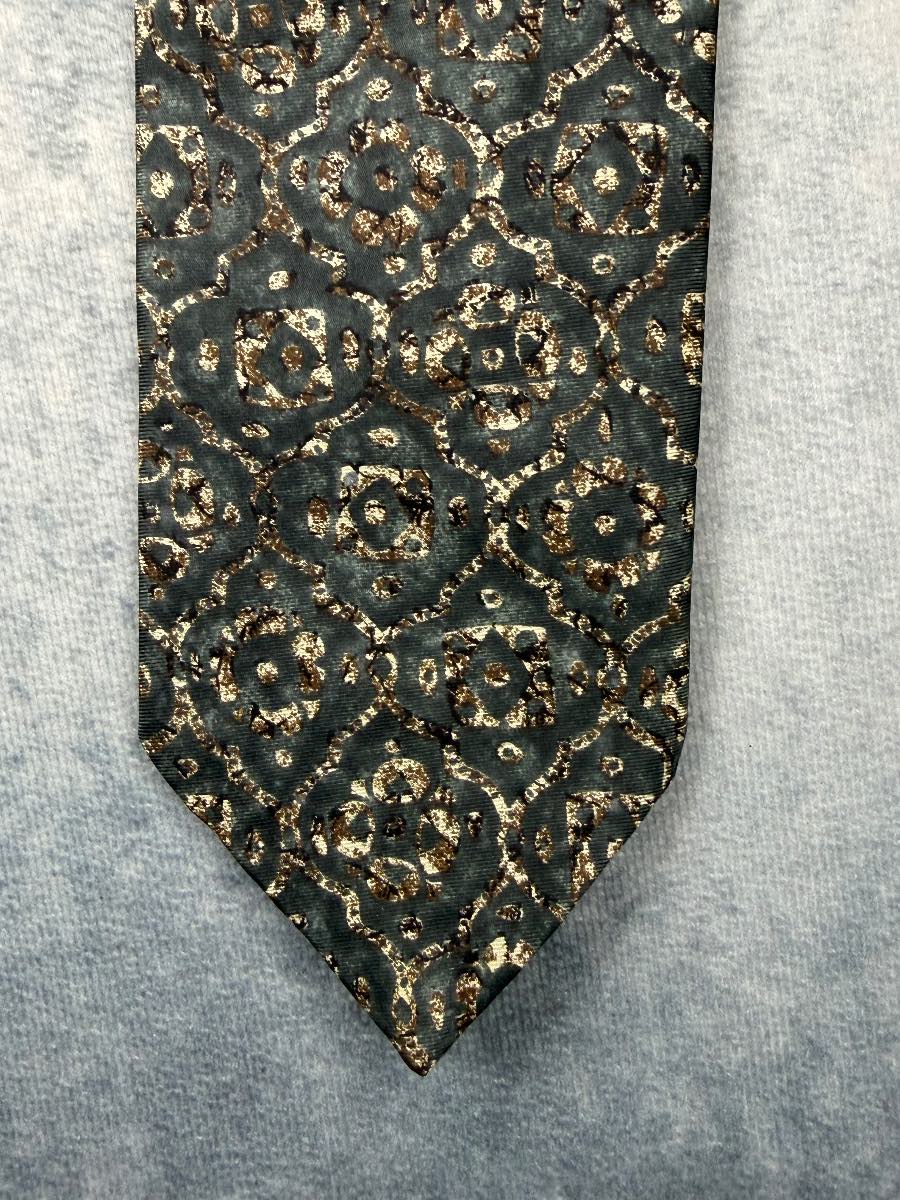 St Michael M&S Grey Gold Geometric Pattern Silk Tie Office Wedding Formal Retro