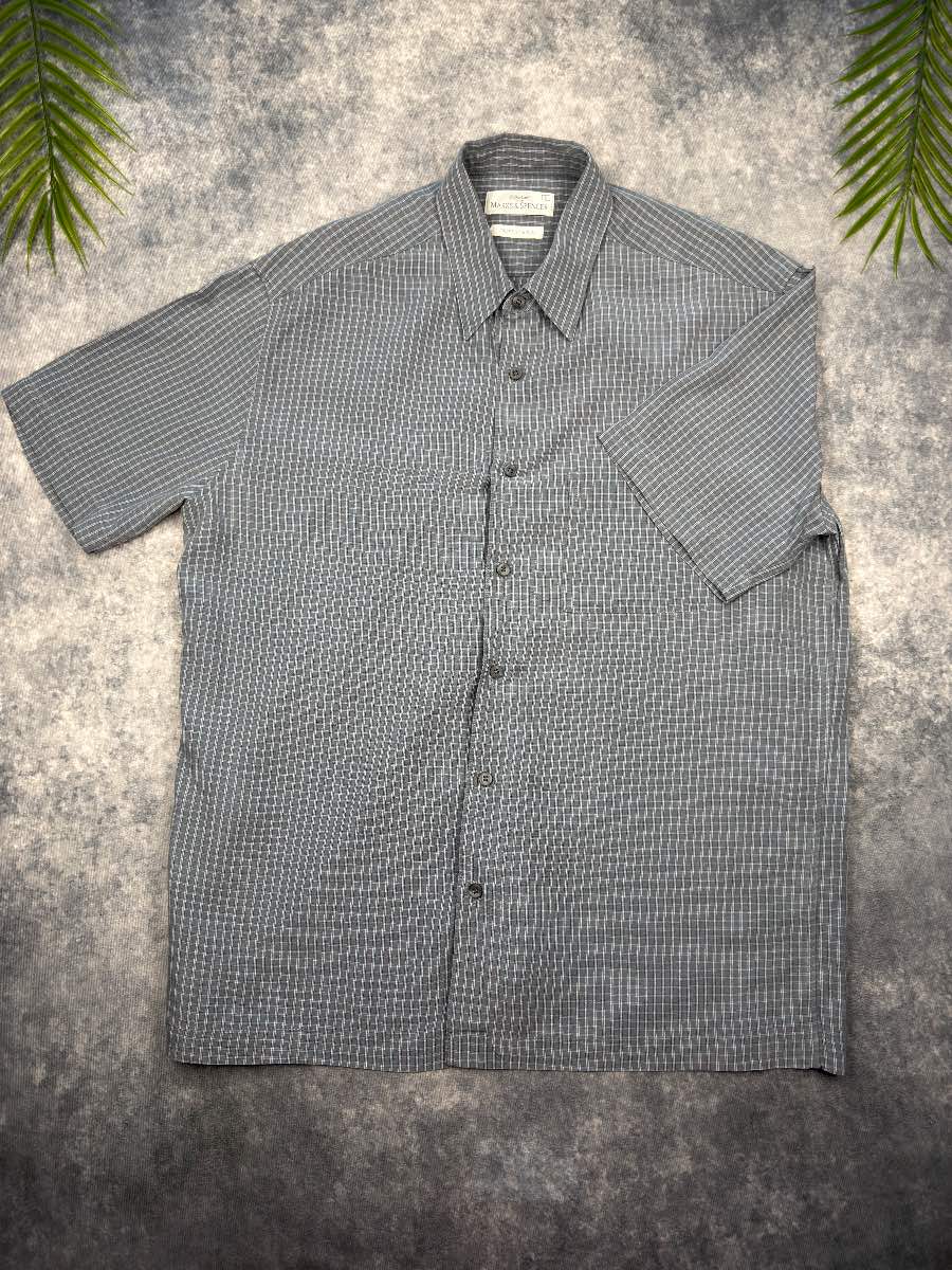 St Michael Blue Vintage Lyocell Check Men Short Sleeve Shirt Smart Casual Large