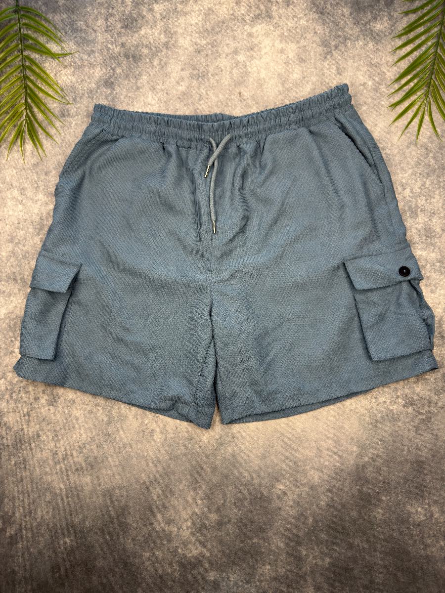 Blue Grey Men’s Corduroy Cargo Pocket Shorts Y2K Stretch Drawstring Summer XXL