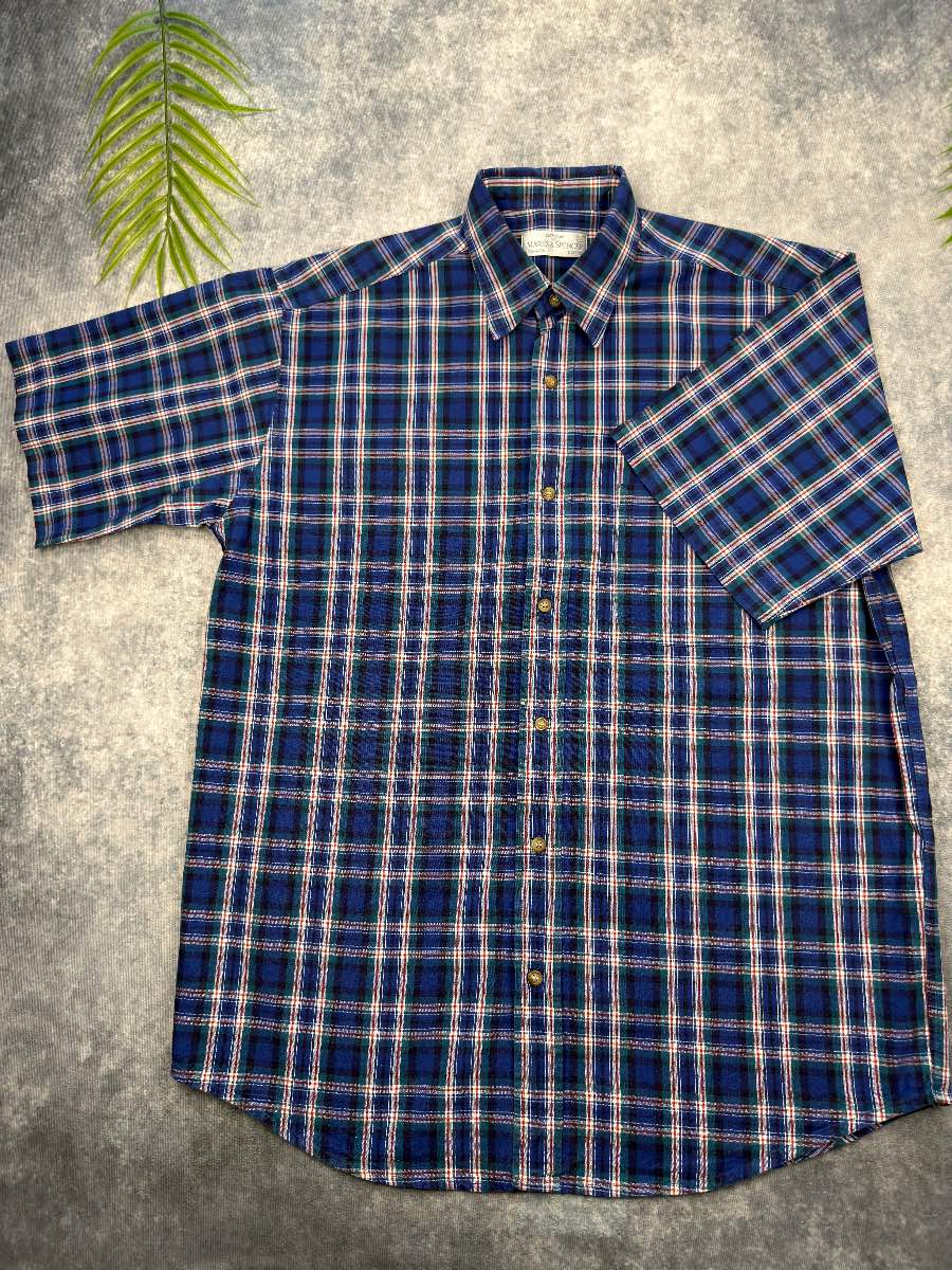 St Michael M&S Blue Red Check Men’s Shirt Non Iron Vintage Short Sleeve Medium
