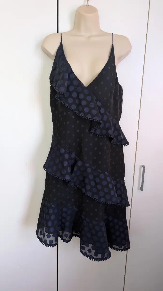 Keepsake the Label See You Now Black & Blue Polka Dot Ruffle Dress Size L