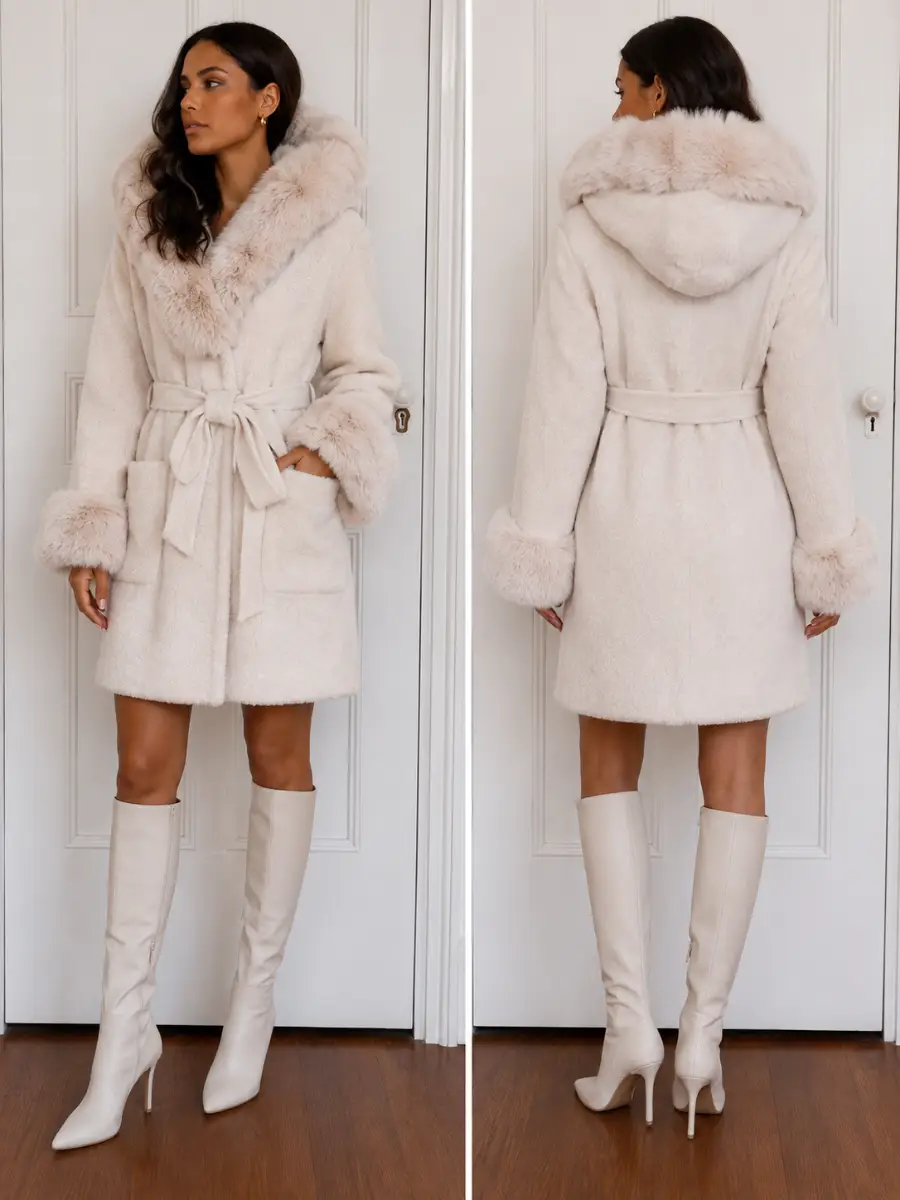 Italian warm cream alpaca coat with fur and belt for women, size UNI