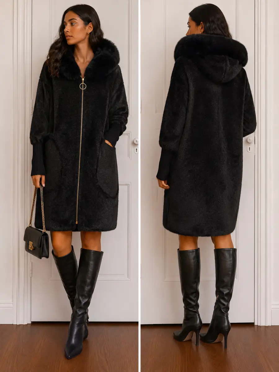Italian warm black alpaca coat for women, size UNI