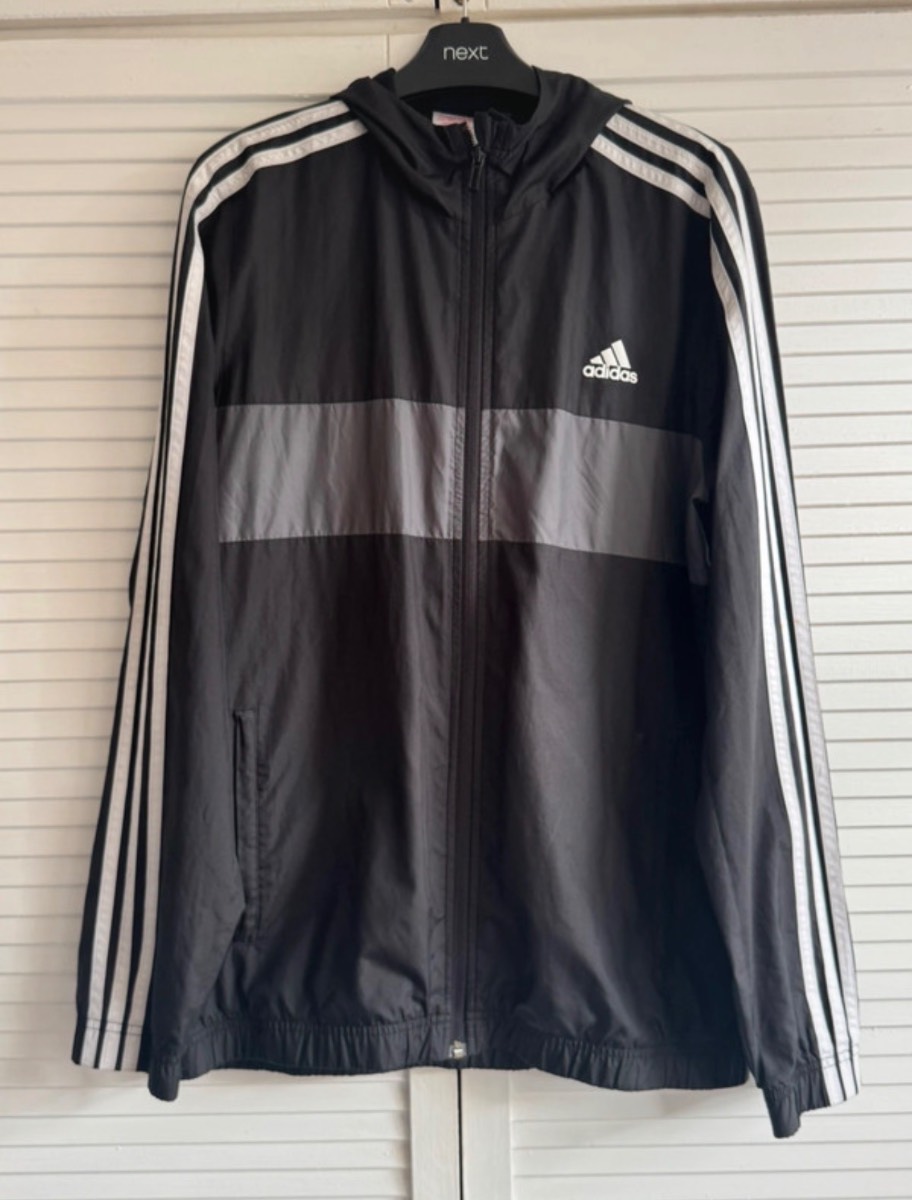 Adidas Black Windbreaker Jacket 15-16Y Zip Pockets Authentic