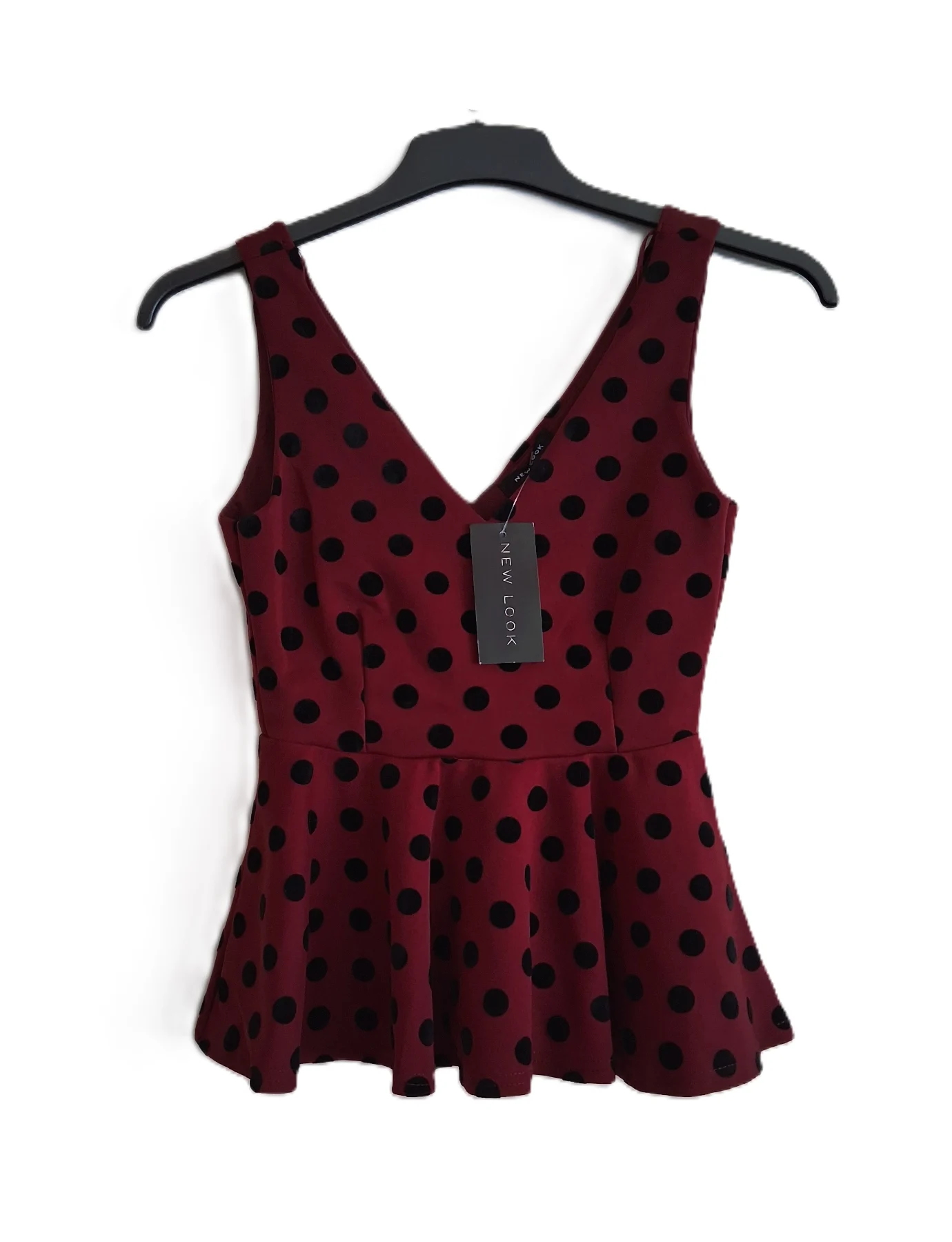 New Look Peplum Summer Top Burgundy With Black Polka Dots UK 8 Brand New With Tag