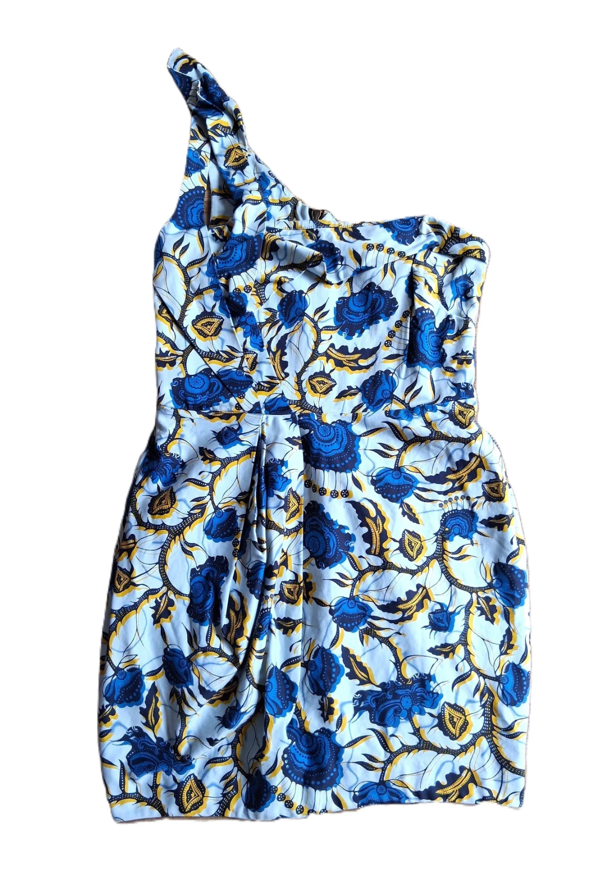 River Island White Yellow Blue Floral Dress One Shoulder UK 12