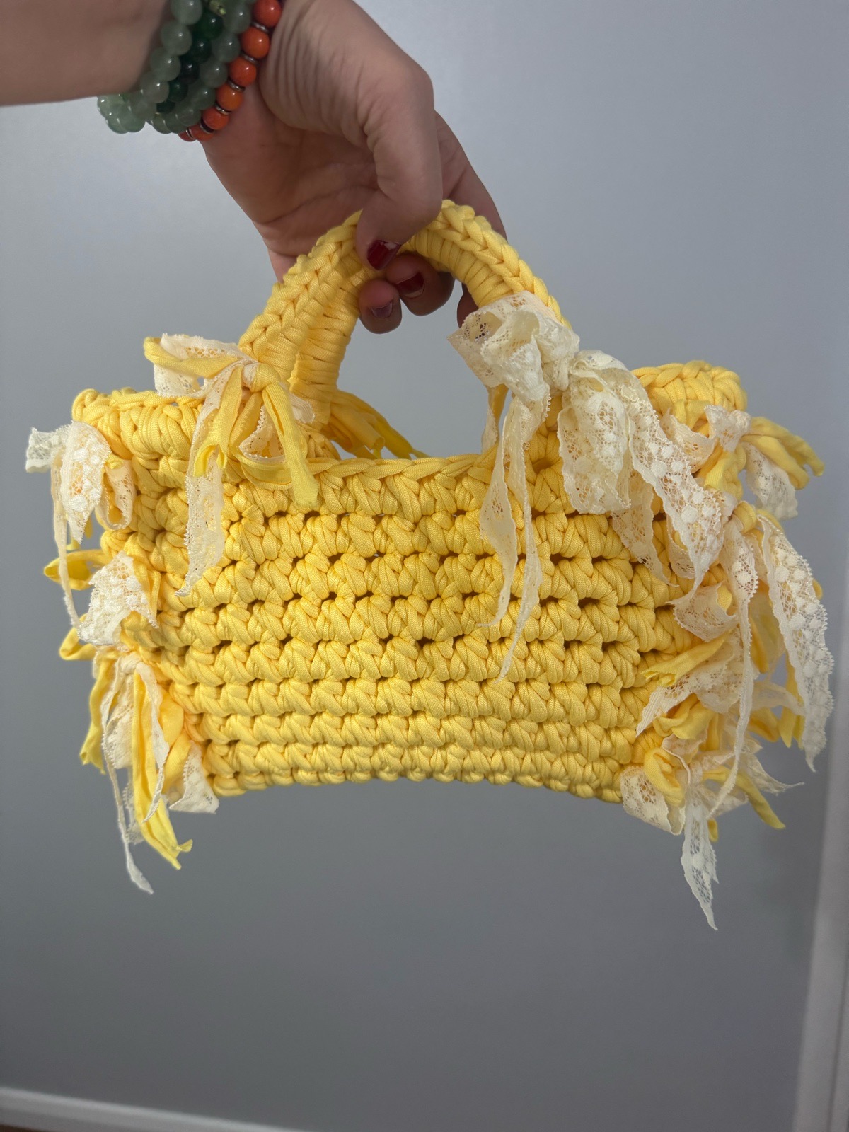 Sun-Kissed Yellow T-Shirt Yarn Crocheted Handbag with Lace Trim & Bows