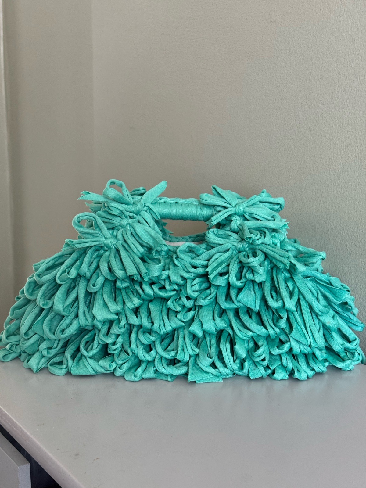 Handmade Crochet Fringe Clutch Bag in Mint Green