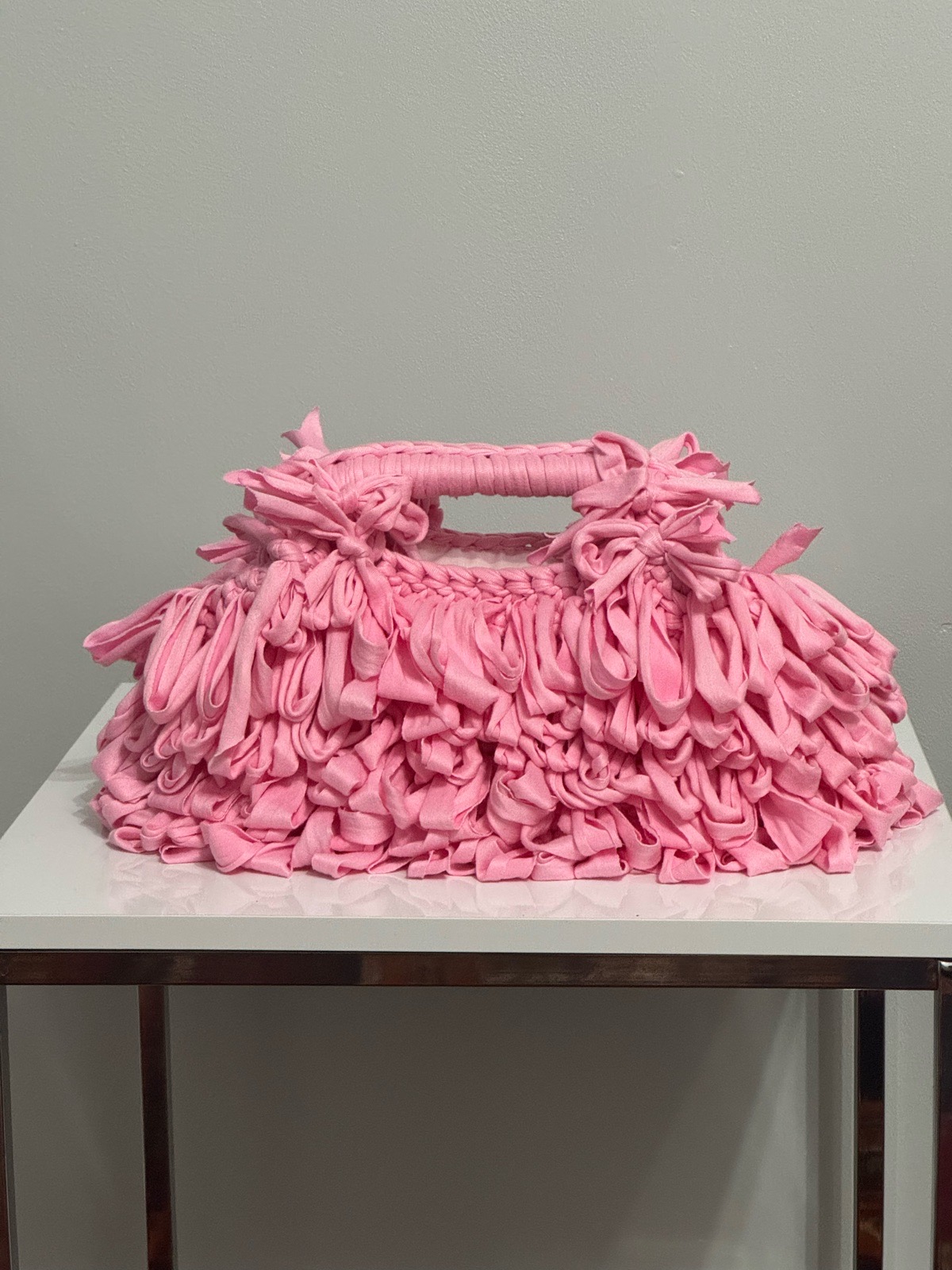 Unique Vintage Pink Loop Stitch Crochet Clutch | Y2K Statement Puff Handbag