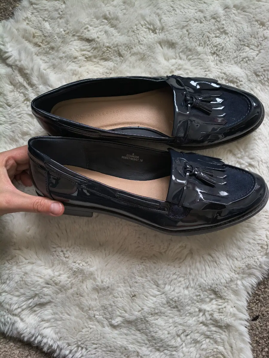 Marks and Spencer womens black patent tassel slip on loafers size 8