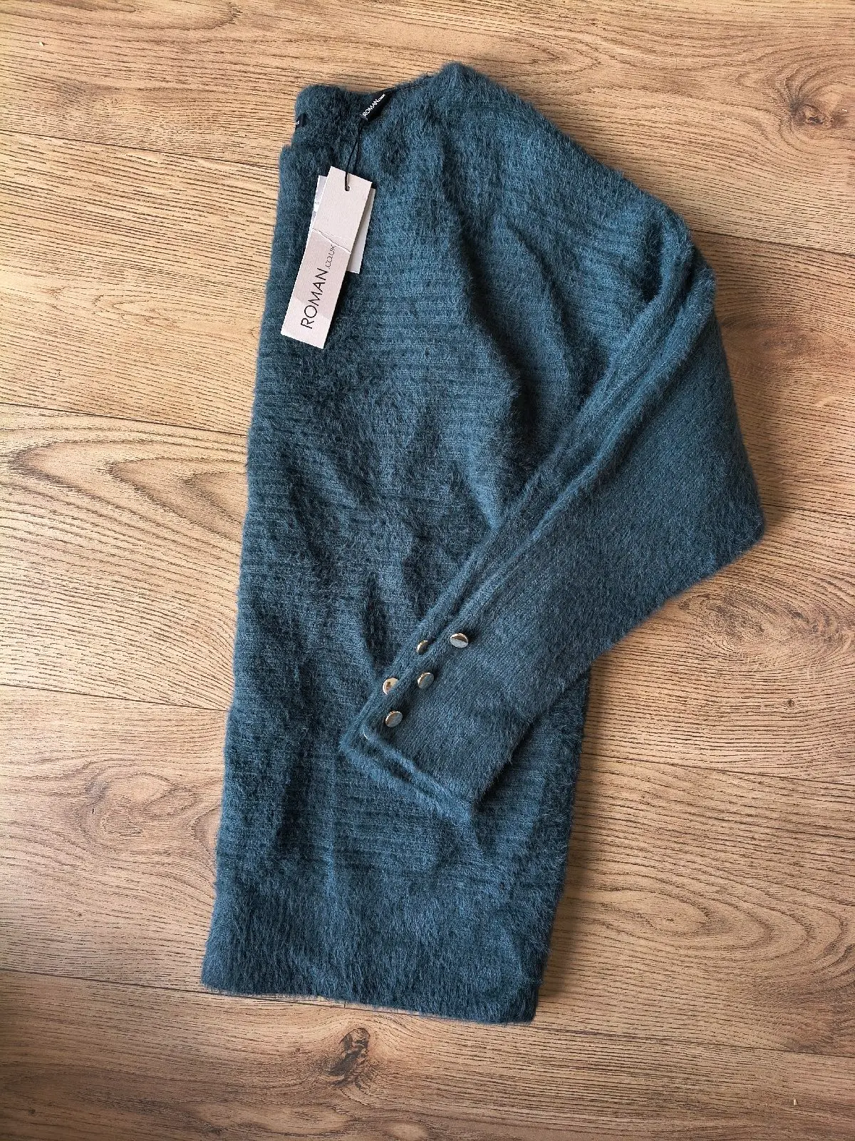 Roman plain dark green batwin fluffy knit button sleeves jumper size 12 new