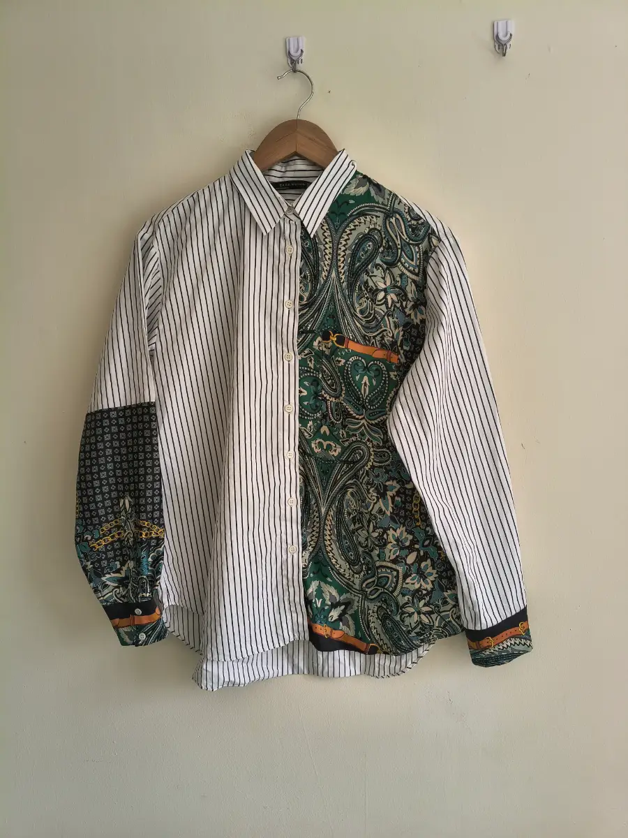 Zara womens colour block cotton striped paisley shirt size S
