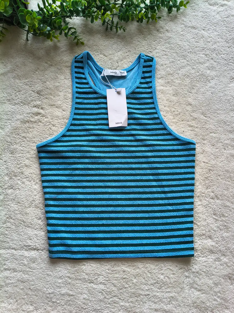Mango sleeveless blue striped knit crop top size S brand new