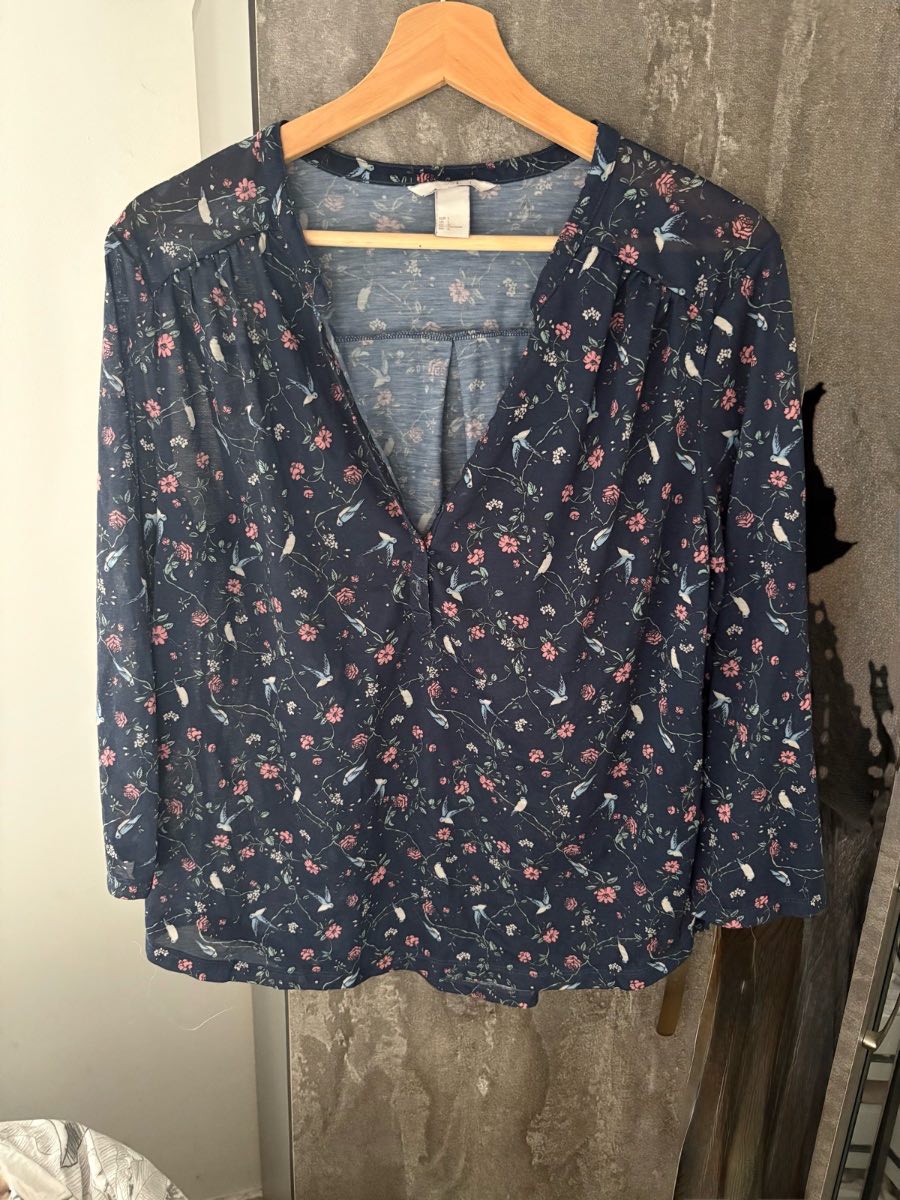 Sheer blue long sleeve blouse with floral and bird print