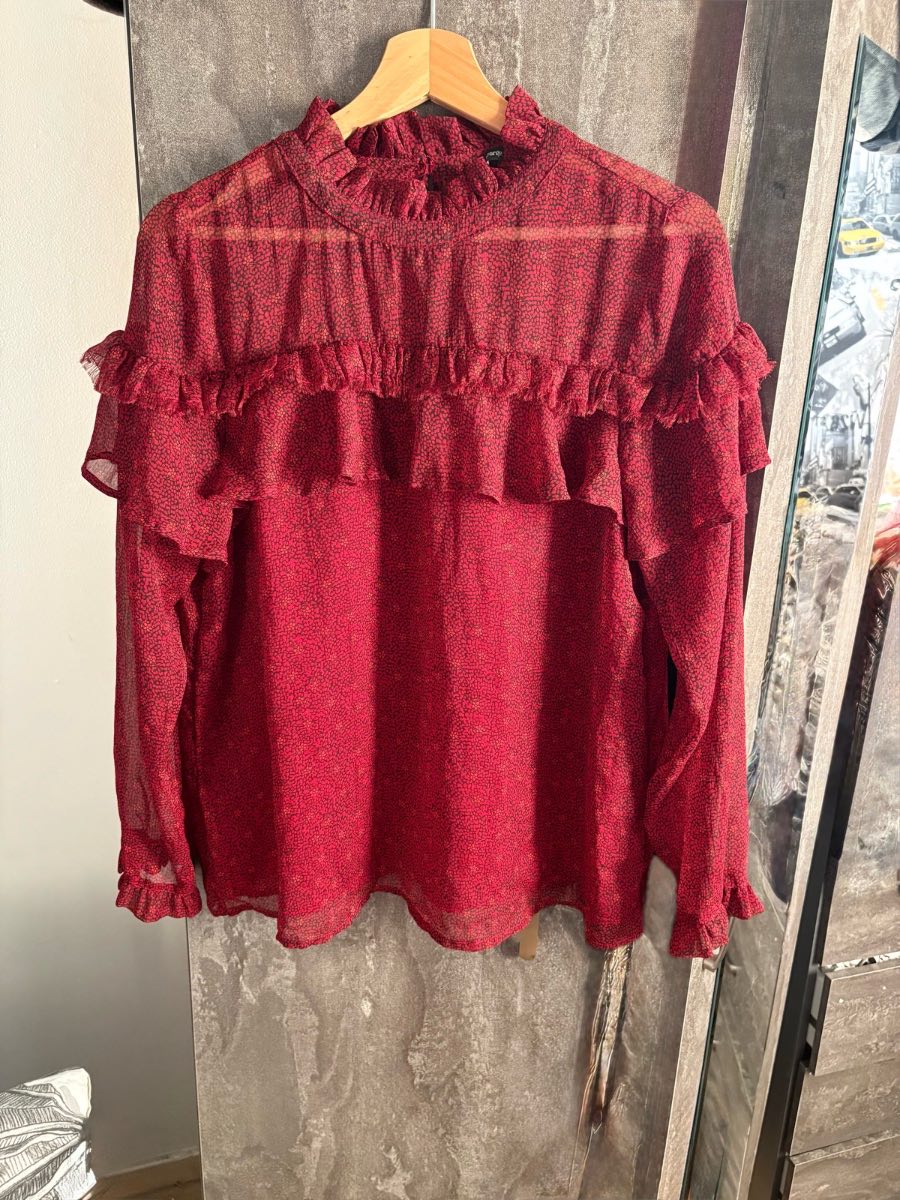Red sheer long sleeve blouse
