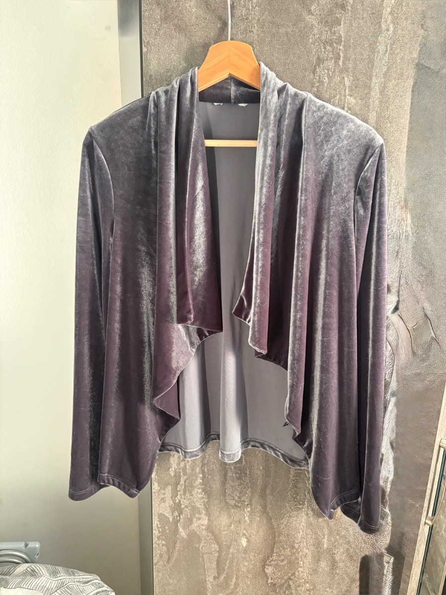 Grey velvet waterfall cardigan.