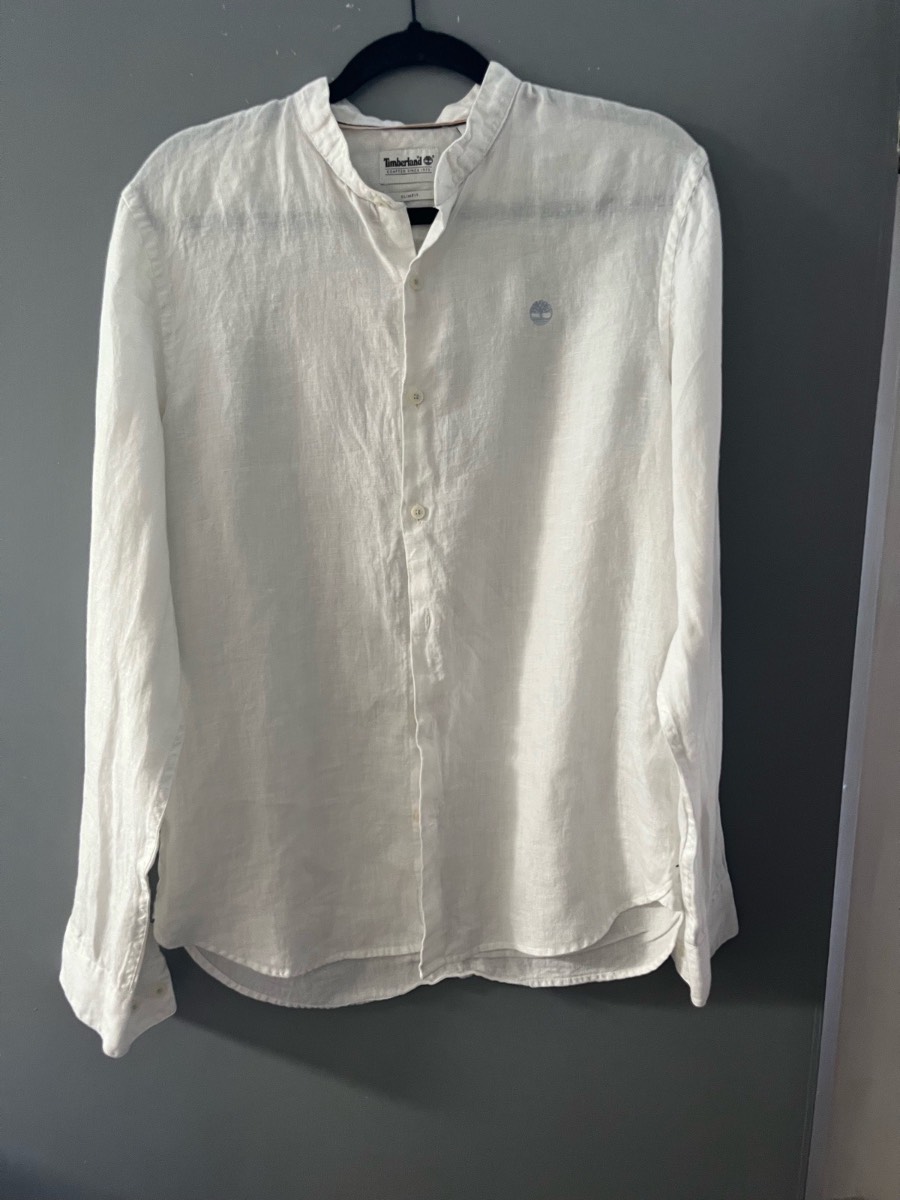 Timberland Men’s White Linen Blend Grandad Collar Shirt Slim Fit Size M Long Sleeve