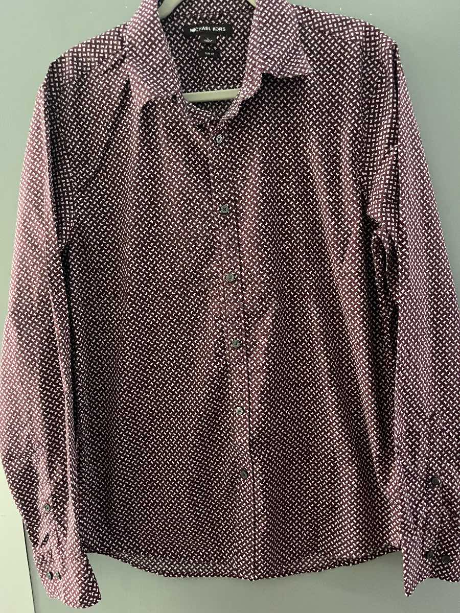 Michael Kors Men’s Shirt Large Slim Fit Burgundy White Print Long Sleeve Cotton