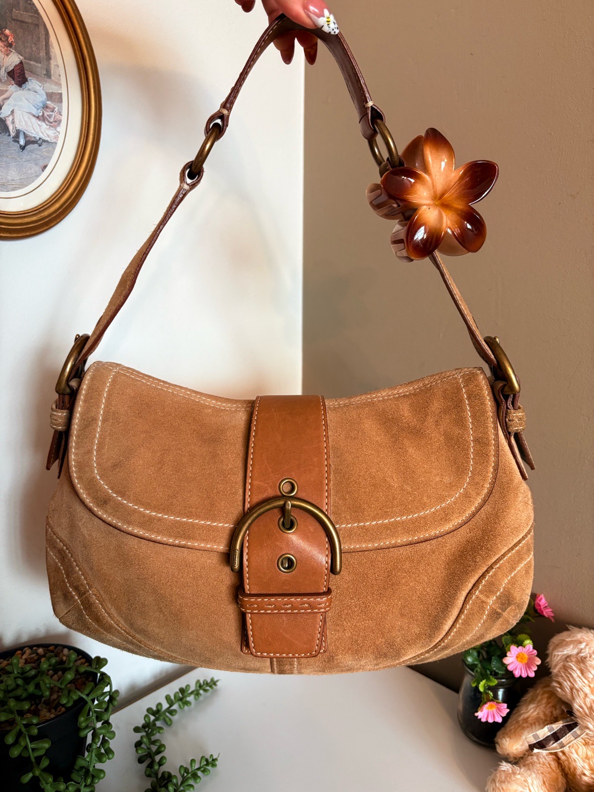 Coach vintage tan suede soho buckle flap shoulder bag