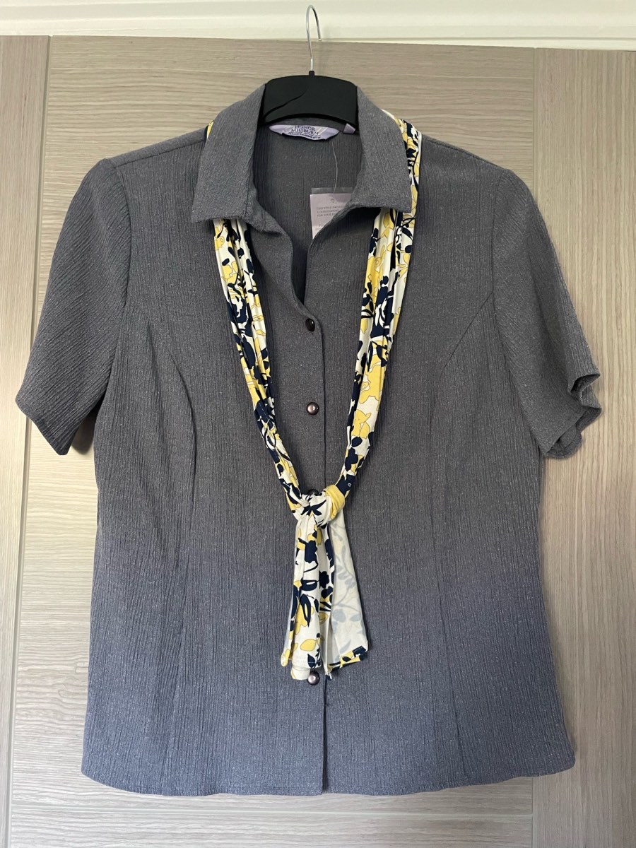 Honor Millburn grey shirt with matching yellow scarf, size 14