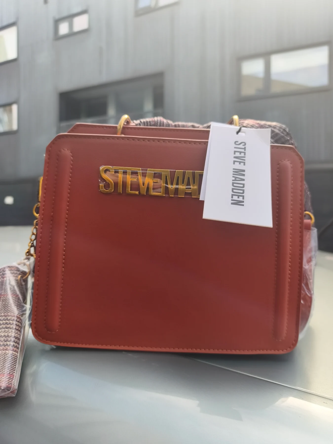 Steve Madden Bevlynn Small Satchel Crossbody Handbag With Plaid Wallet Strap