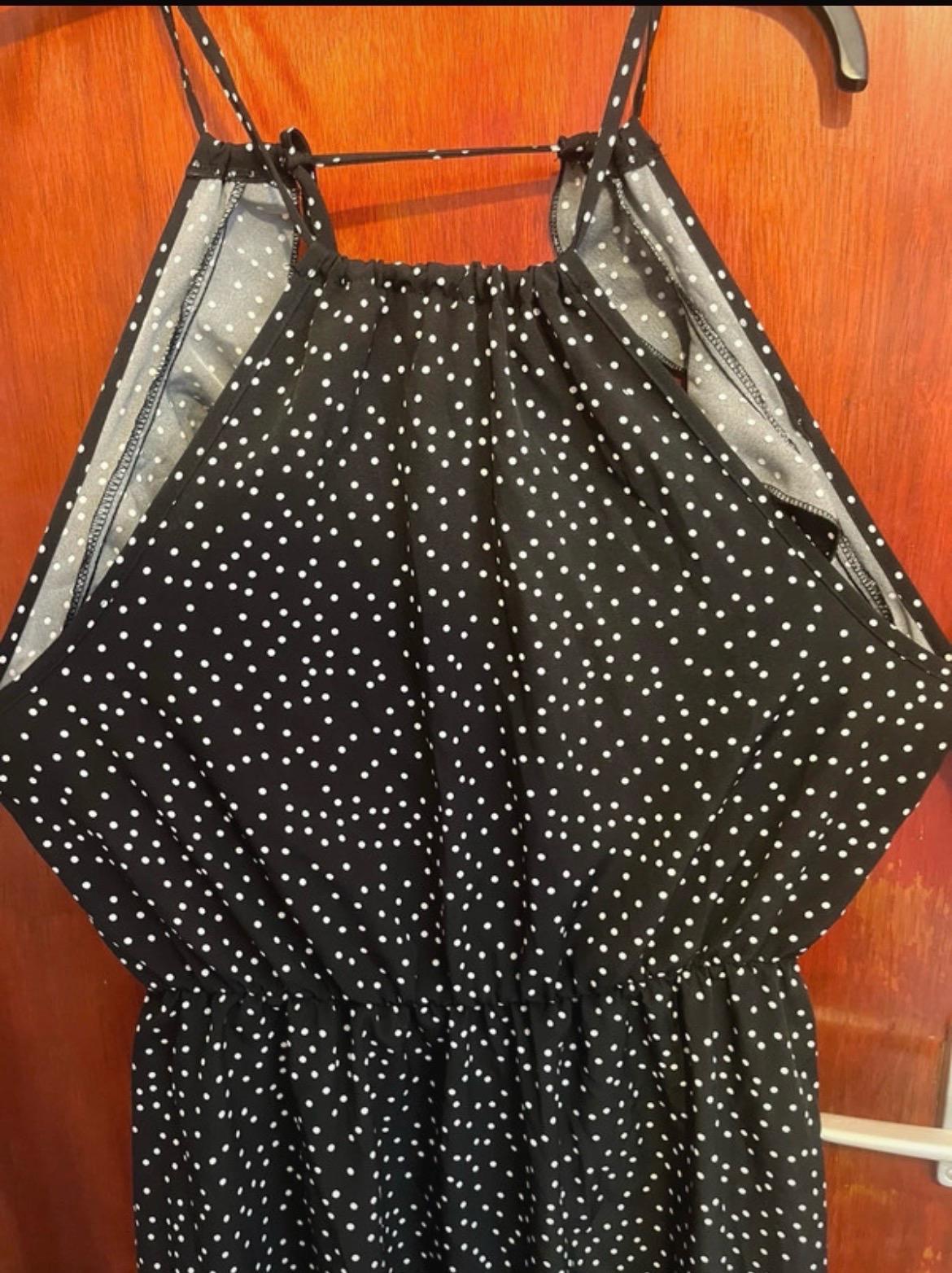 black and white polka dot sleeveless halter maxi dress with an elasticated waist