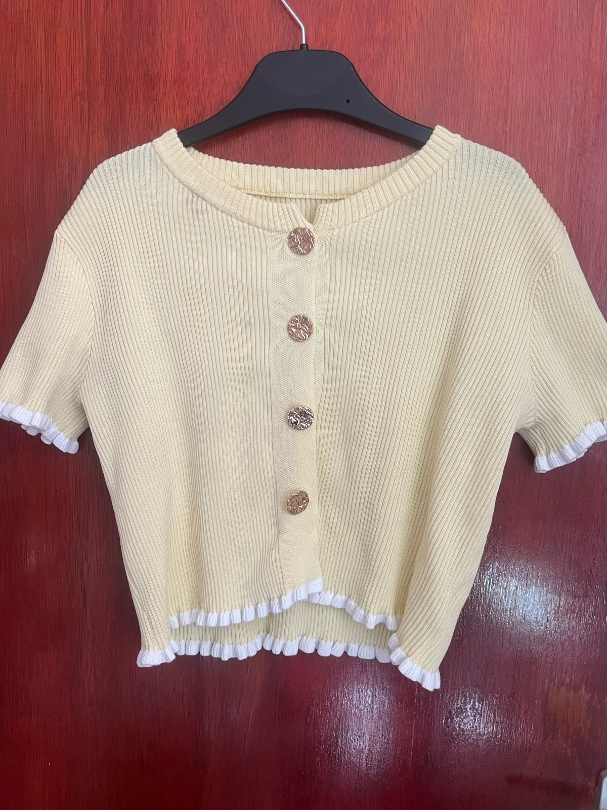 SHEIN Pastel Cream Yellow Ribbed Knit Short Sleeve Cardigan Top - Size S