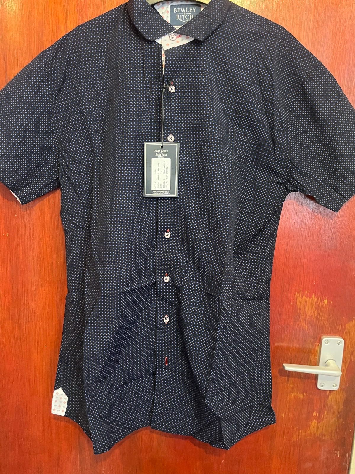 Bewley & Ritch Navy Micro Dotted Short Sleeve Shirt - Size 3 / Medium - BNWT