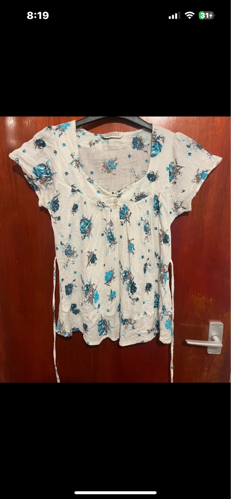 Classics White & Blue Floral Crinkle Blouse Top - Size 10