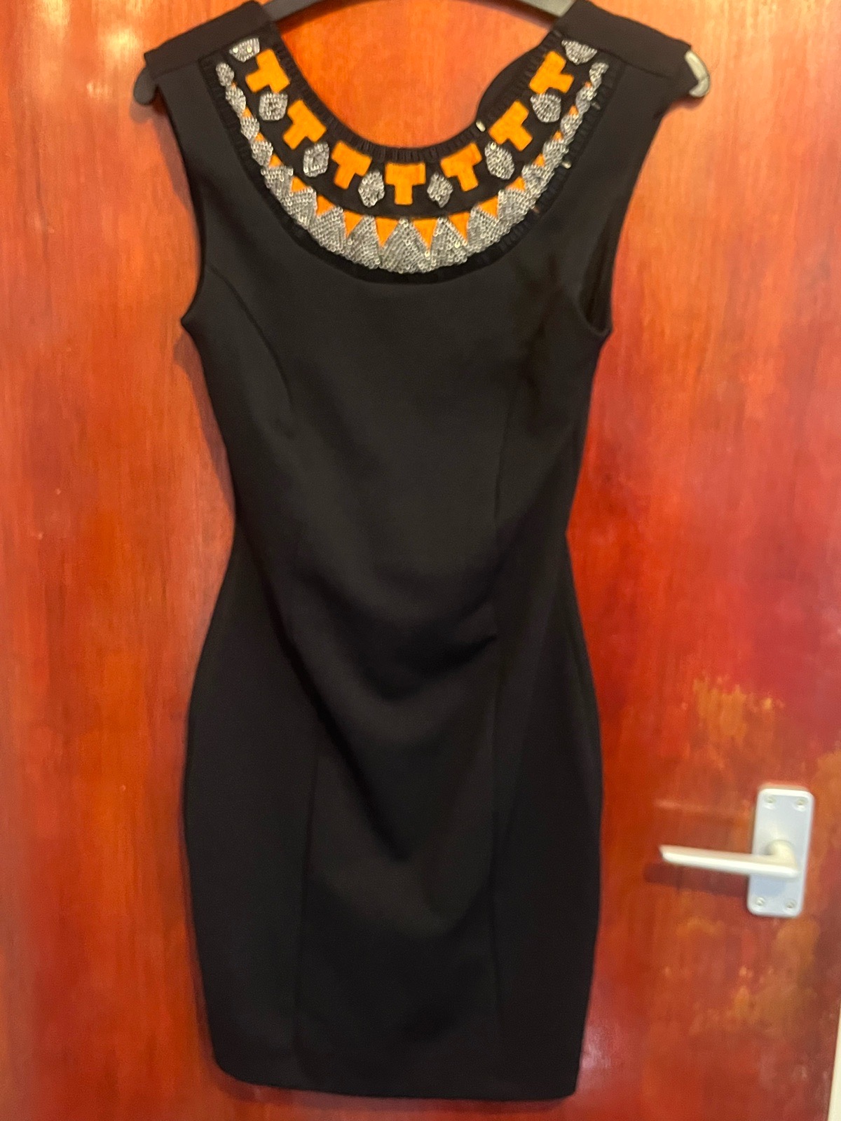 Miss Selfridge Black Embellished Neckline Bodycon Dress - Size 8