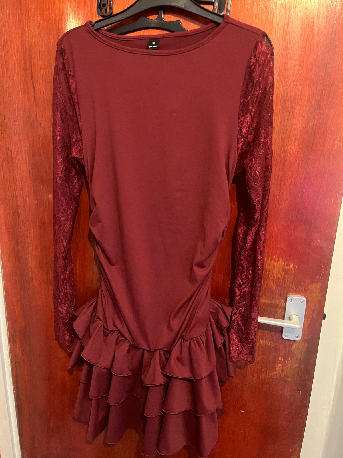 Brand New SHEIN Burgundy Lace Sleeve Ruffle Mini Dress - Size M