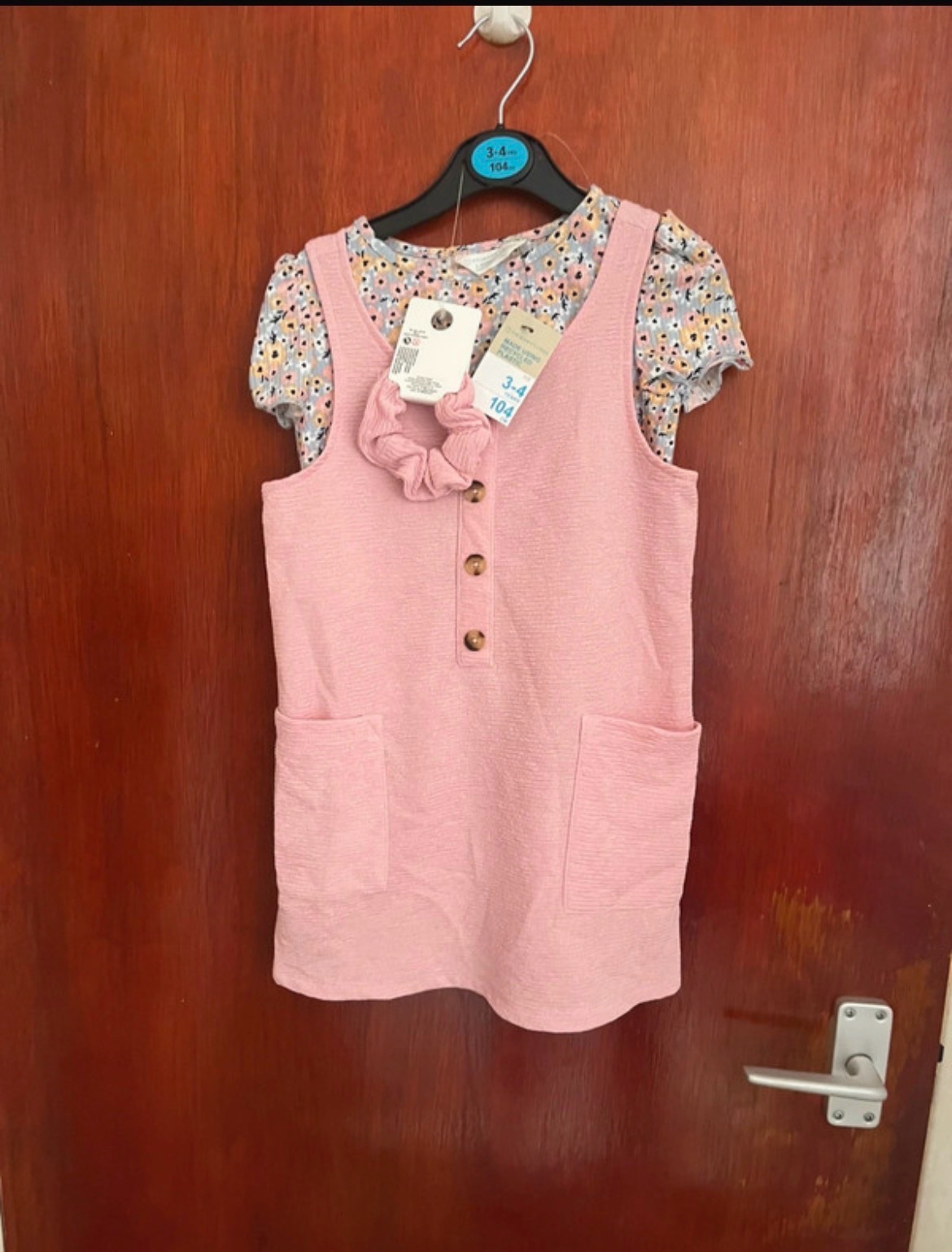 BNWT Primark Girls Pink Pinafore & Floral Top 3 Piece Set Size 3-4 Years