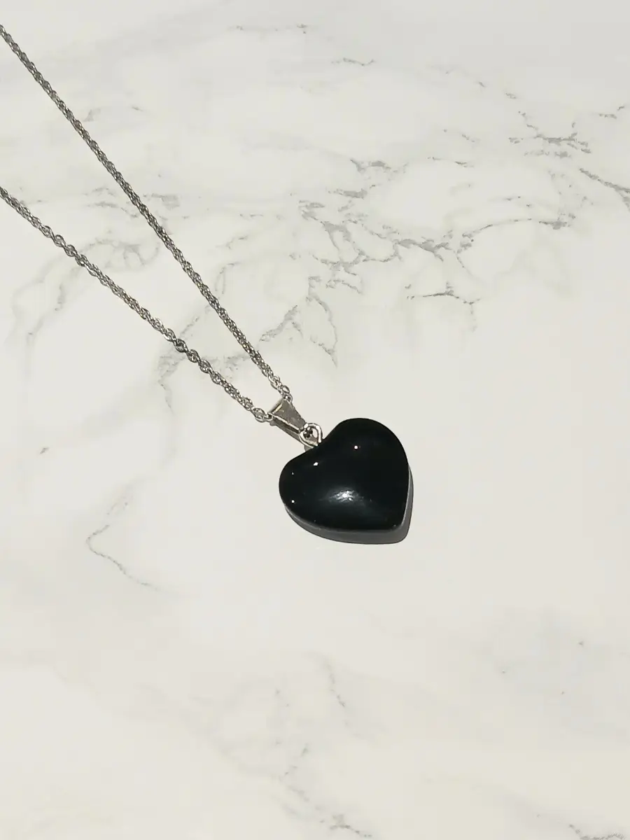 SteelAura Black obsidian heart pendant on a stainless steel rolo chain