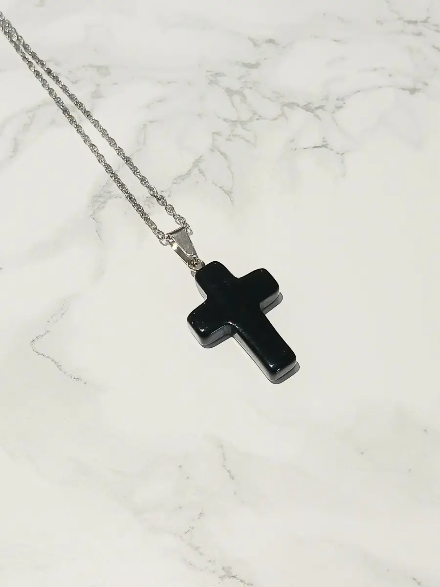 SteelAura obsidian cross pendant on a stainless steel rolo chain
