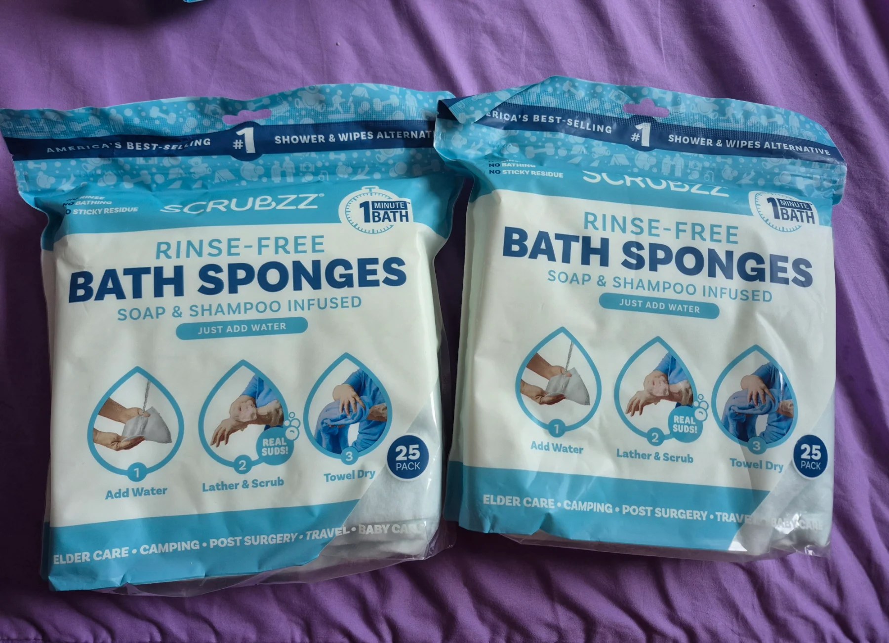 Scrubzz Rinse-Free Bath Sponges - 2 Pack (25 Sheets/Pack, 50 Total)