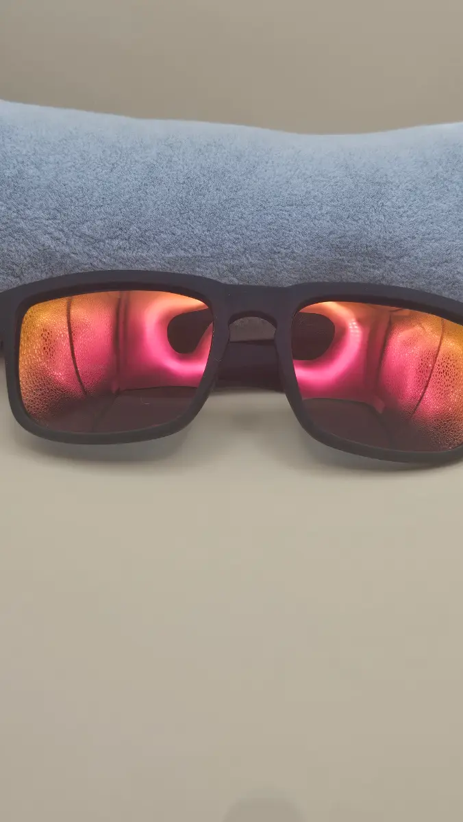 Matte black frame sunglasses with pink orange mirror lenses