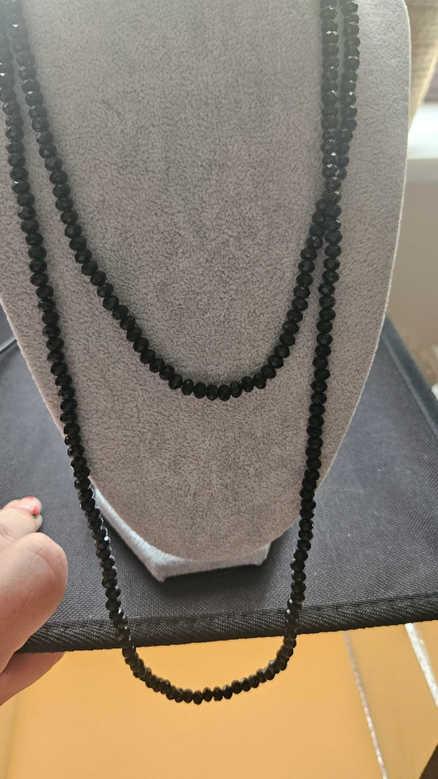 Black shiny long beaded necklace