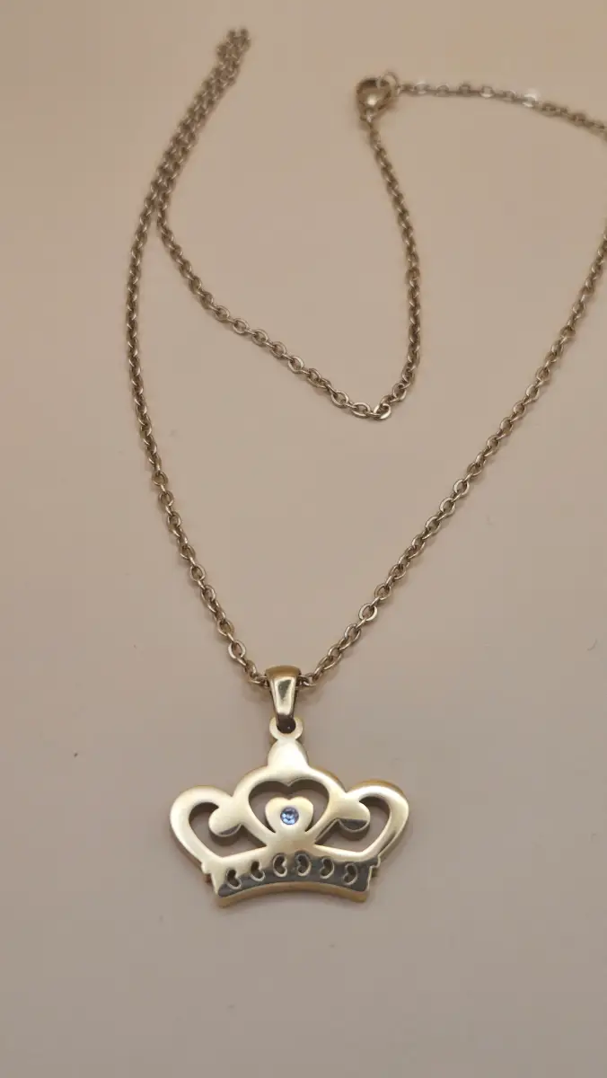Golden tone crown pendant chain necklace