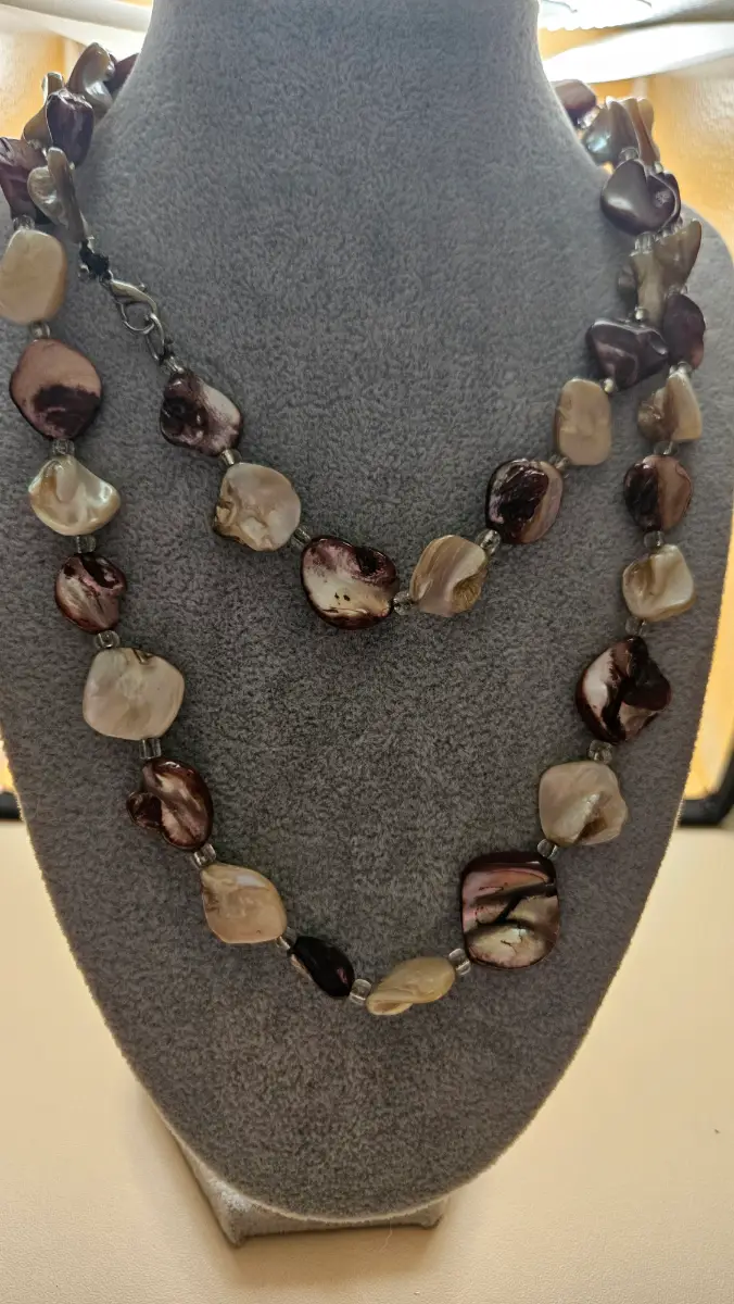 Irregular multi-toned mother-of-pearl and shell bead necklace